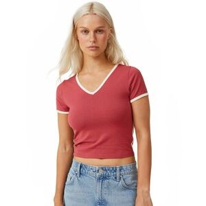 V-Neck Red Cropped Top with White Trim